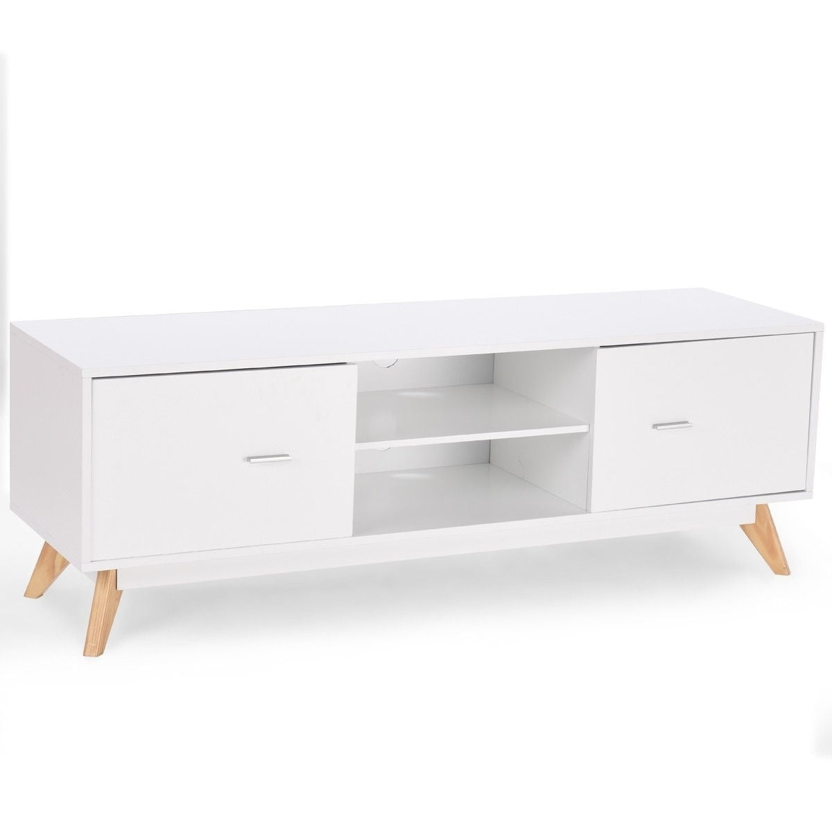 Modern Mid Century Style White TV Stand with Wood Legs-2