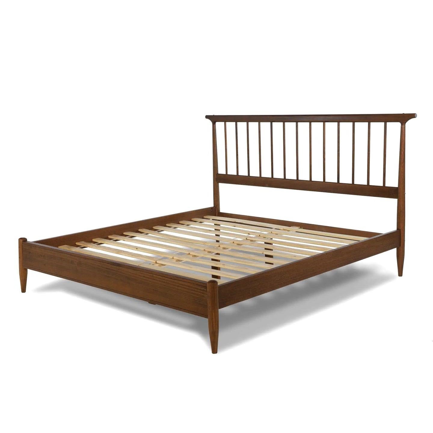 King Size Hardwood Mid Century Platform Bed Frame with Headboard in Walnut-0