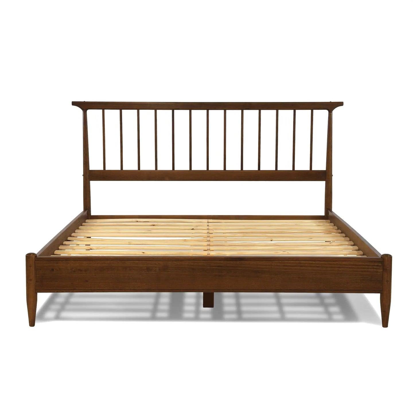 King Size Hardwood Mid Century Platform Bed Frame with Headboard in Walnut-1