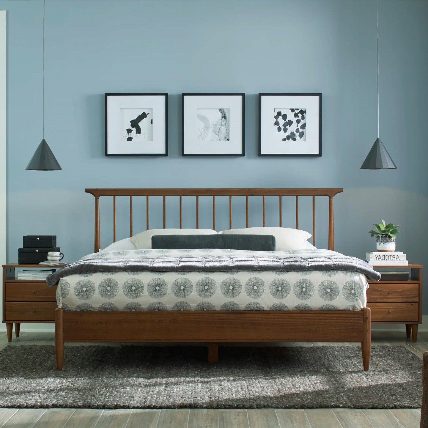 King Size Hardwood Mid Century Platform Bed Frame with Headboard in Walnut-3