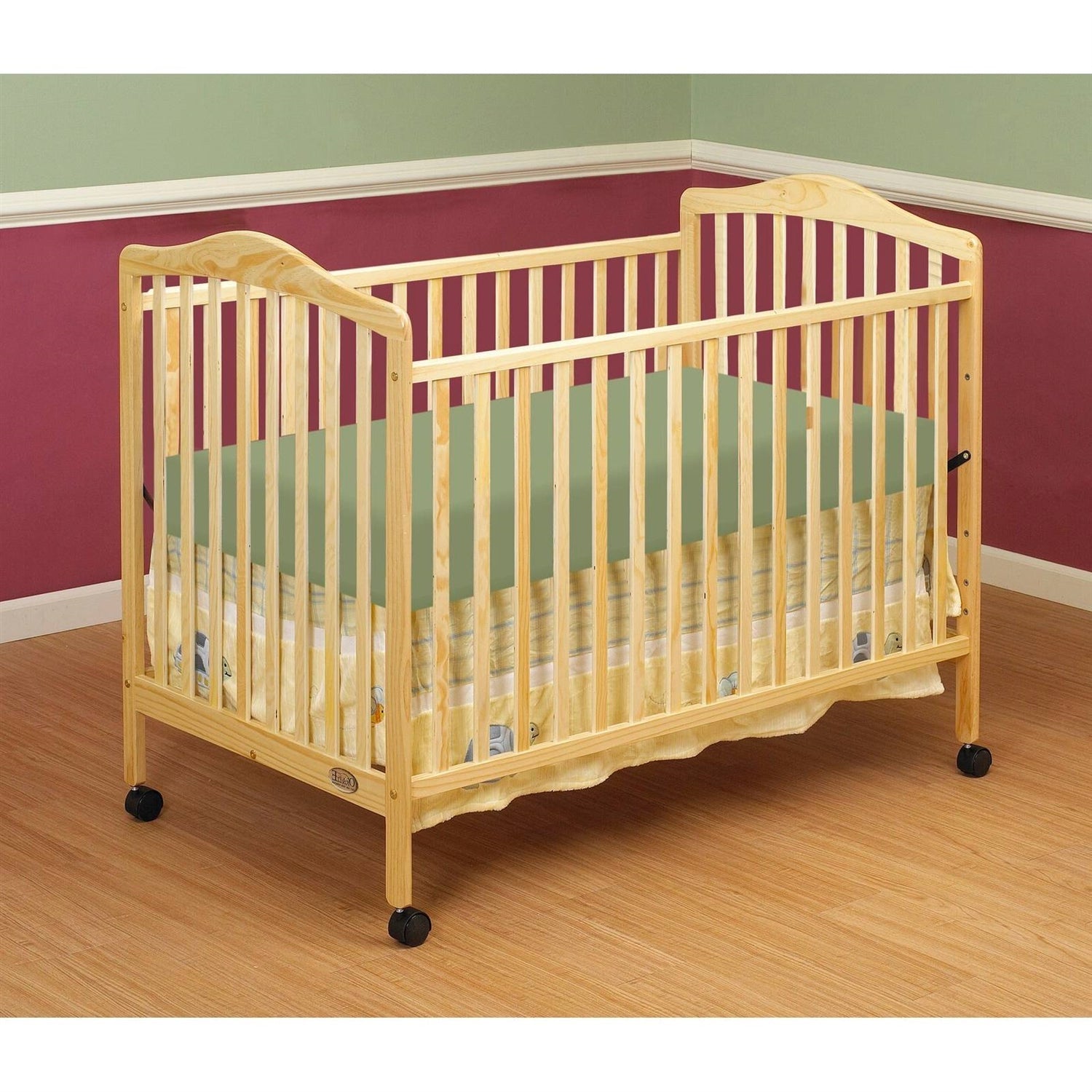 Farmhouse Natural Wood Convertible Crib Toddler Bed with Locking Caster Wheels-1