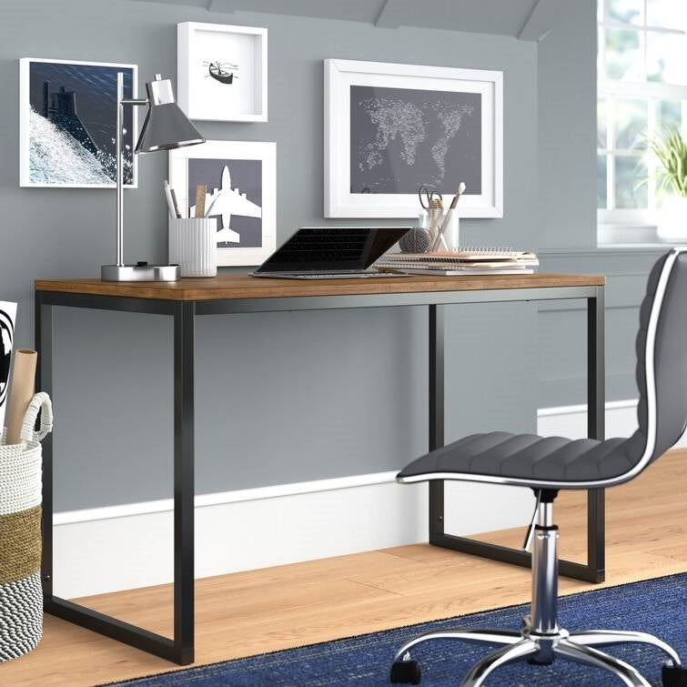 Modern Home Office Desk with Black Metal Frame and Brown Wood Top-1