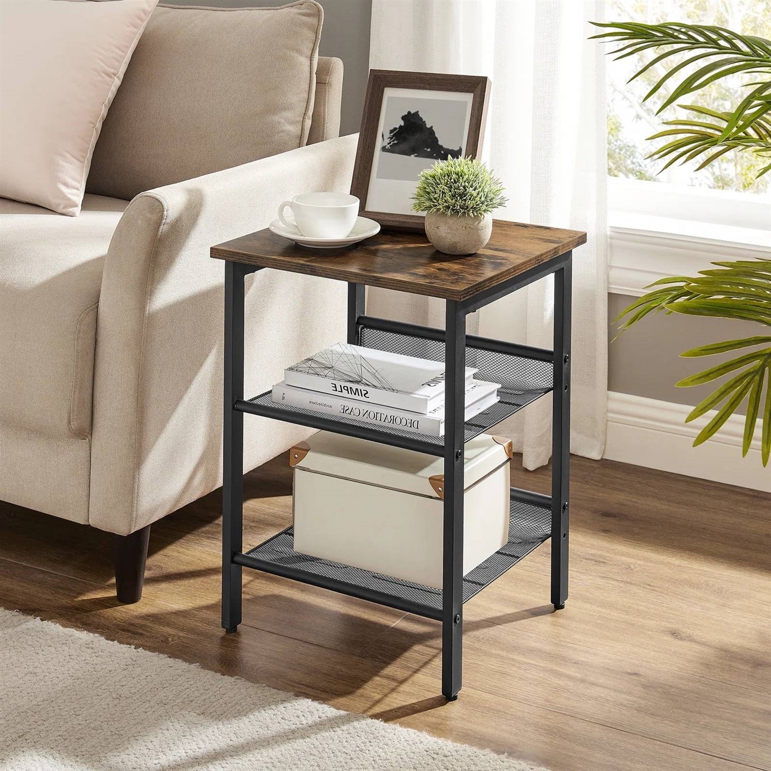 Modern Industrial End Table Nightstand Black Metal Brown Wood Top Side Table-0