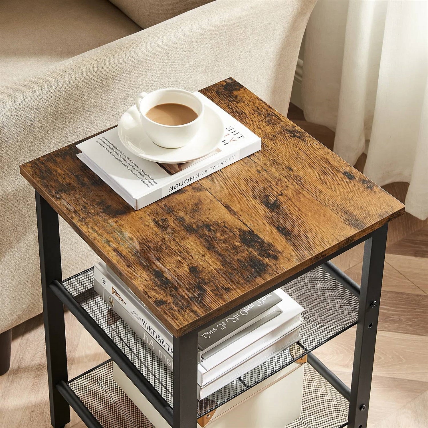 Modern Industrial End Table Nightstand Black Metal Brown Wood Top Side Table-3