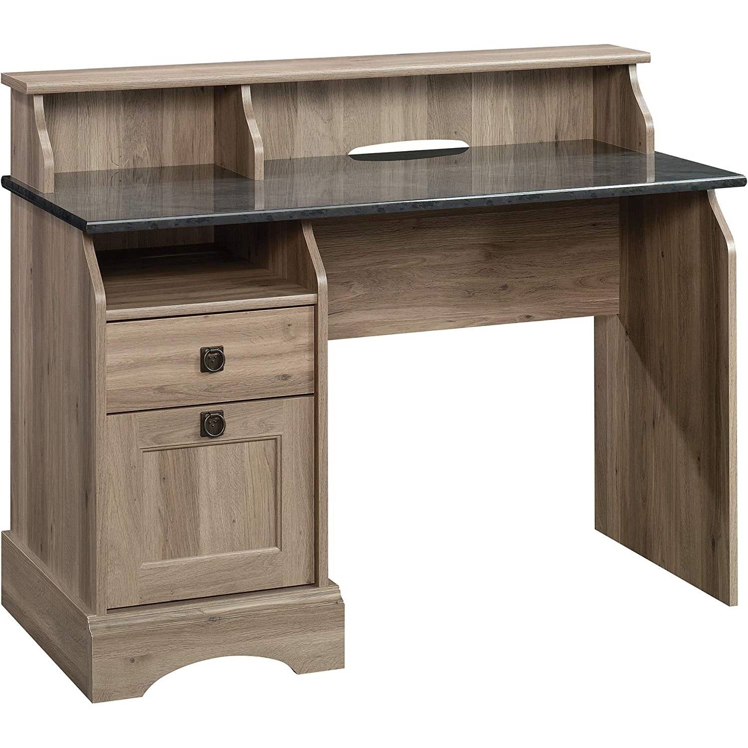 Rustic Oak Slat Top Computer Desk w/ Filing Cabinet-0