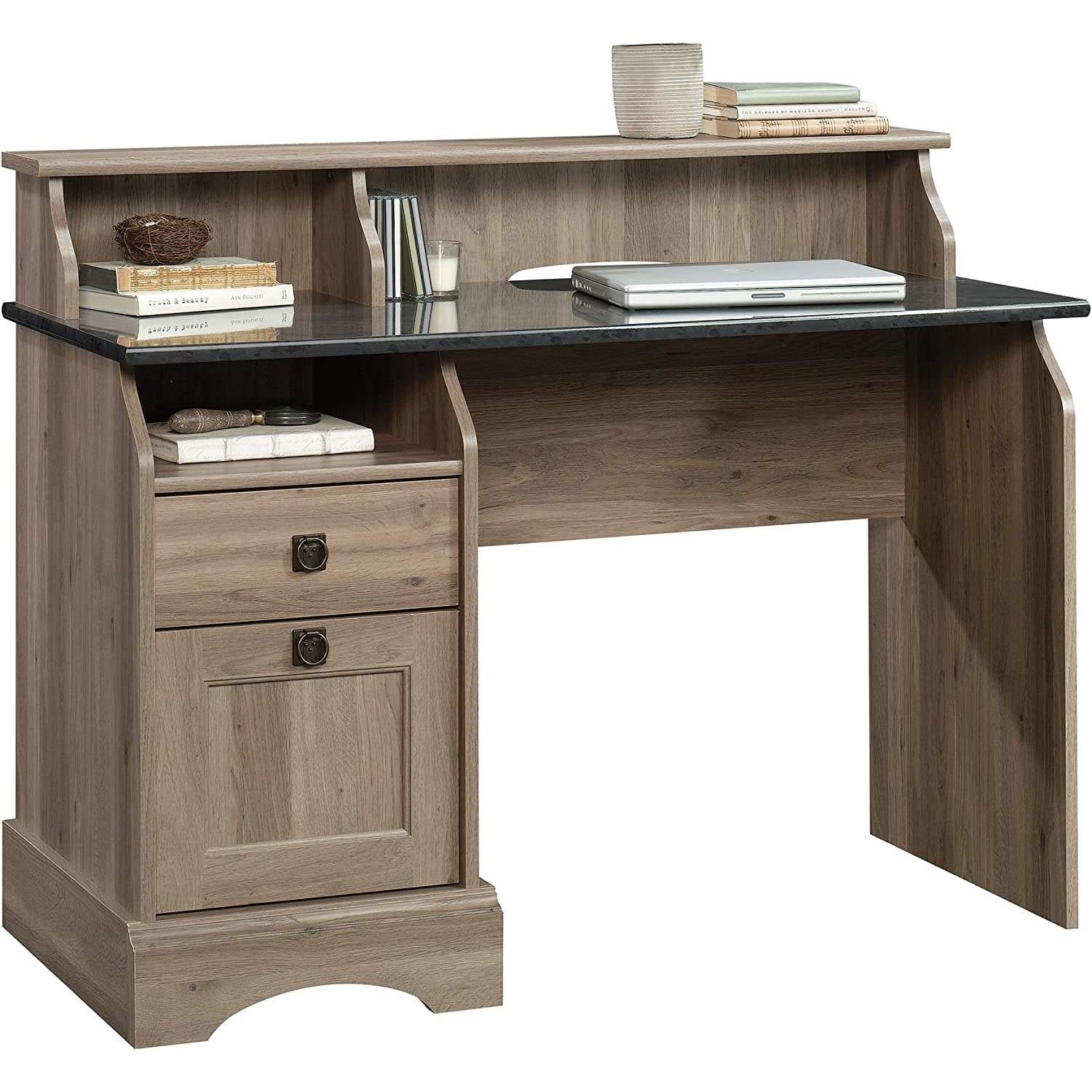 Rustic Oak Slat Top Computer Desk w/ Filing Cabinet-1