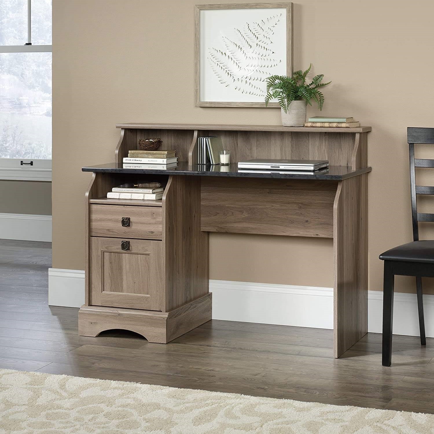 Rustic Oak Slat Top Computer Desk w/ Filing Cabinet-4