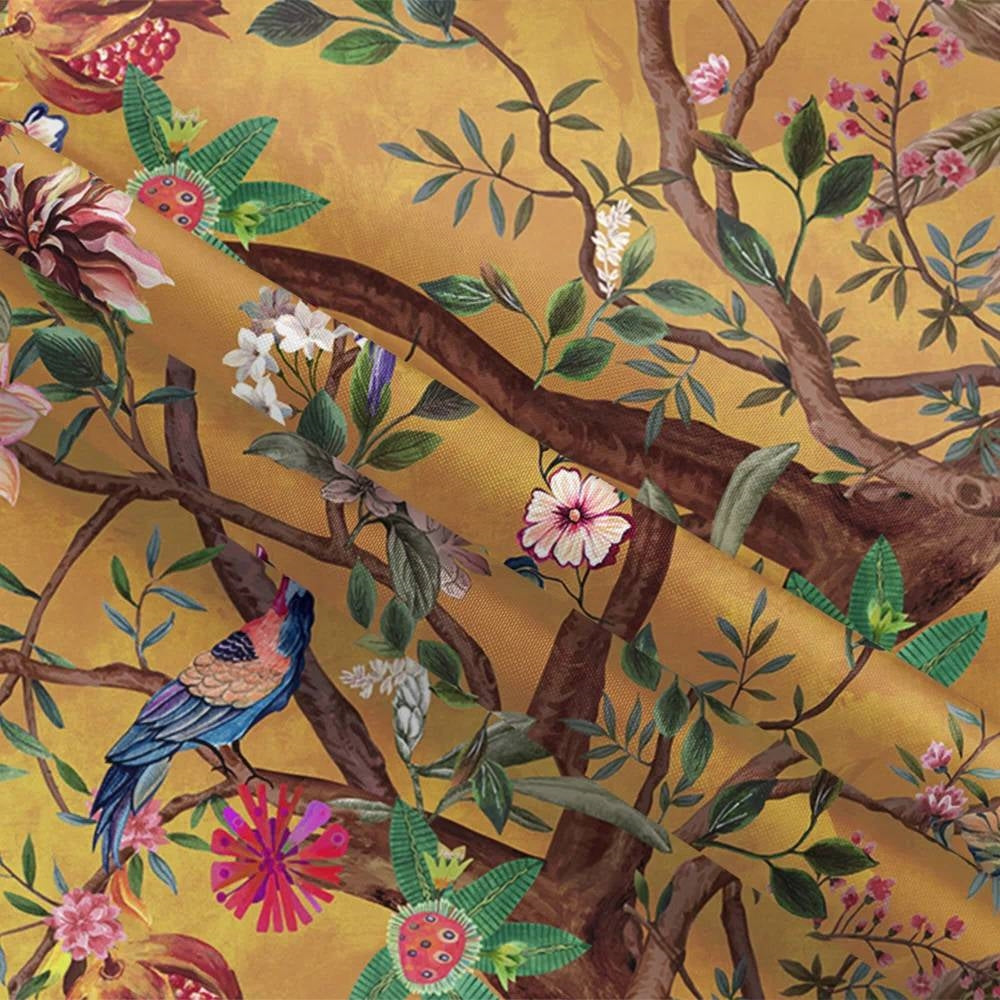 72-inch Brown Red Orange Green Floral Tree Birds Plants Flowers Shower Curtain-2