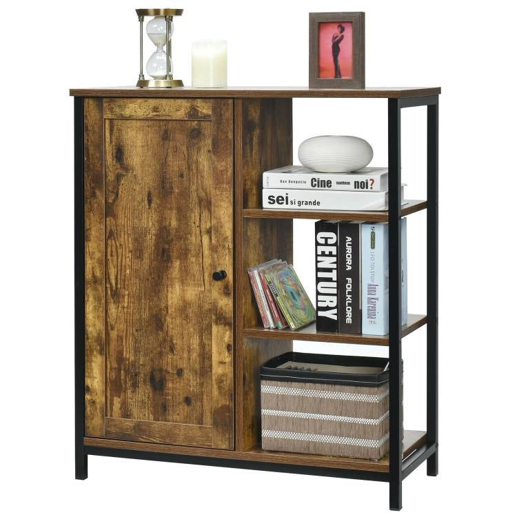 Modern Industrial Black Metal Brown Wood Sideboard Buffet Storage Shelf Cabinet-0