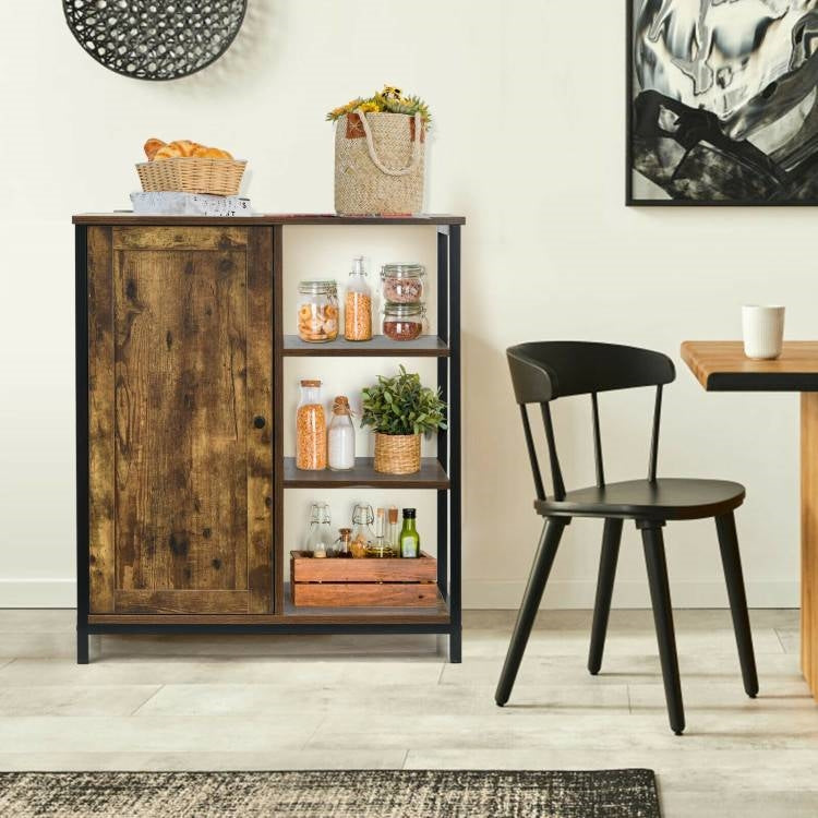 Modern Industrial Black Metal Brown Wood Sideboard Buffet Storage Shelf Cabinet-1