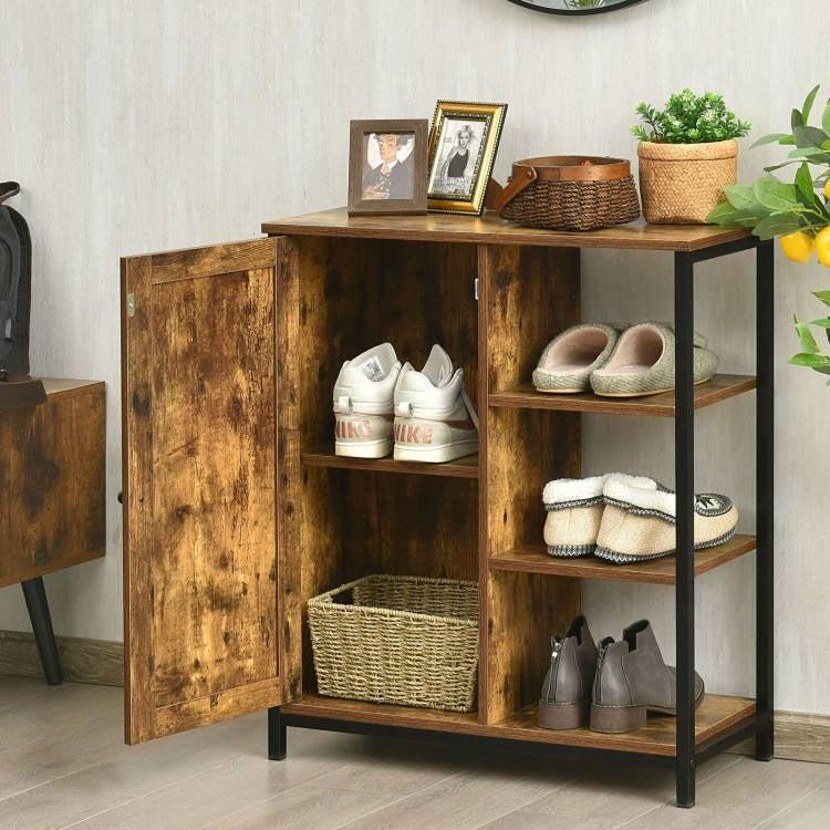 Modern Industrial Black Metal Brown Wood Sideboard Buffet Storage Shelf Cabinet-2