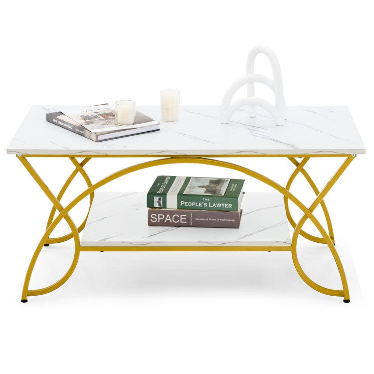 Modern White Faux Marble 2 Tier Coffee Table with Gold Finish Metal Curved Legs-0