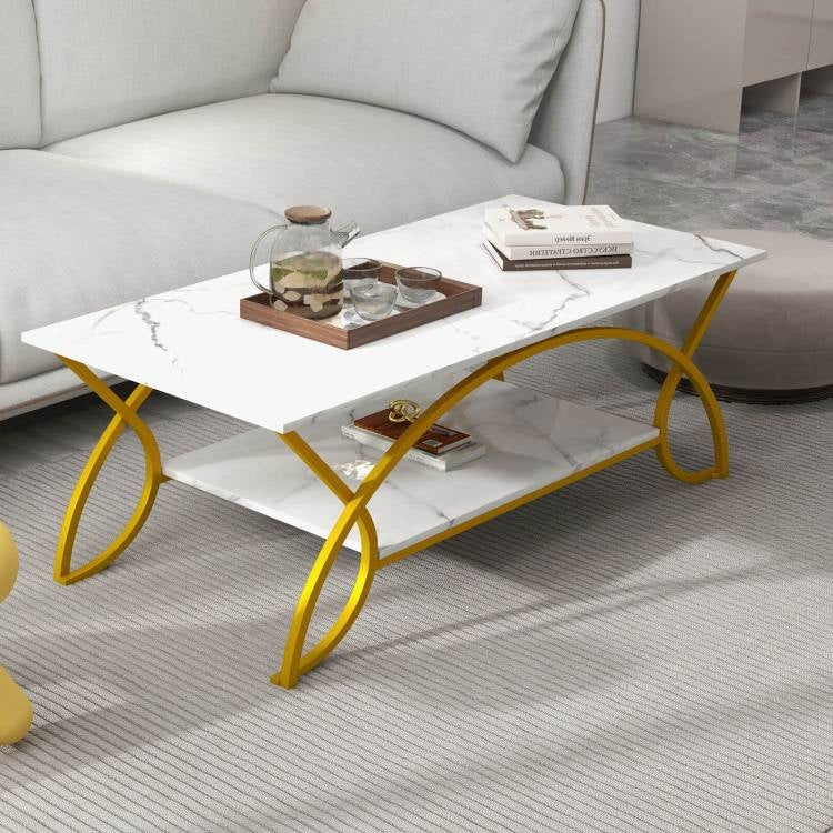 Modern White Faux Marble 2 Tier Coffee Table with Gold Finish Metal Curved Legs-1