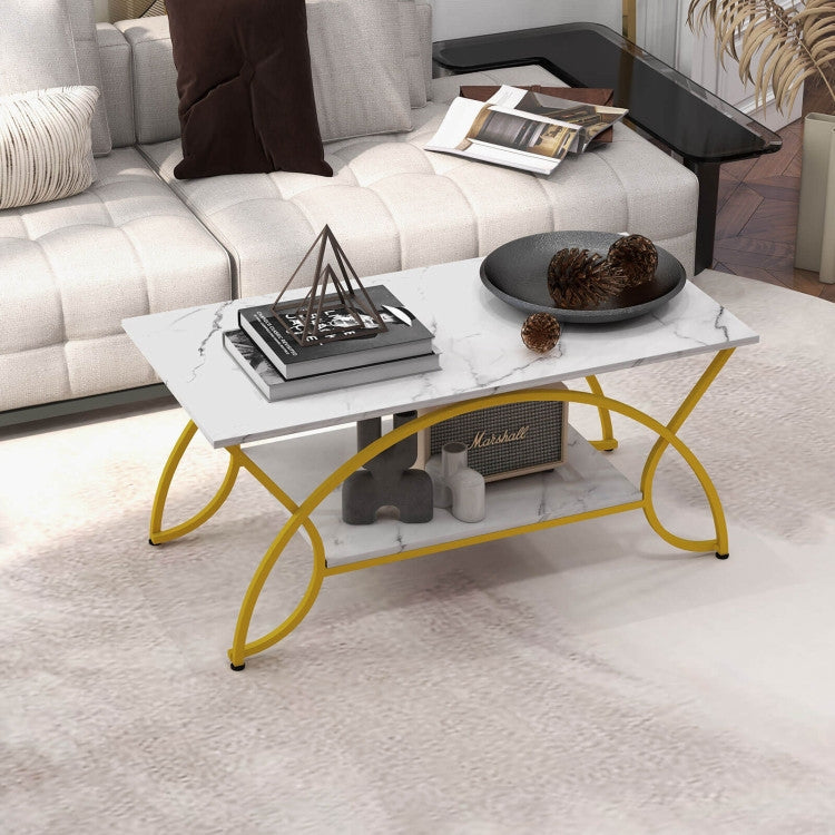 Modern White Faux Marble 2 Tier Coffee Table with Gold Finish Metal Curved Legs-2