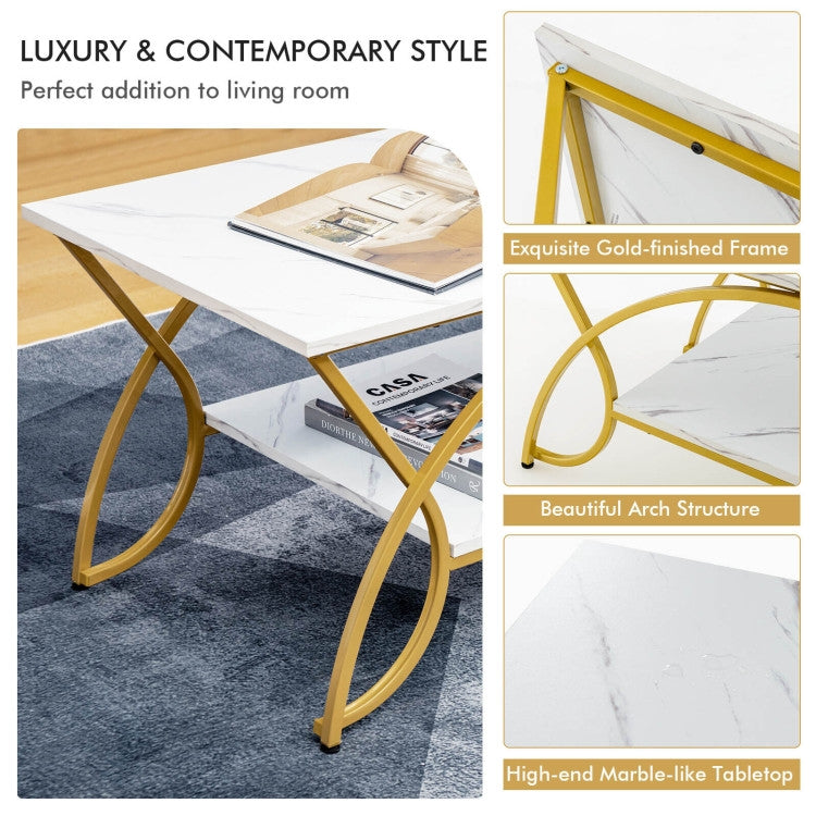 Modern White Faux Marble 2 Tier Coffee Table with Gold Finish Metal Curved Legs-3