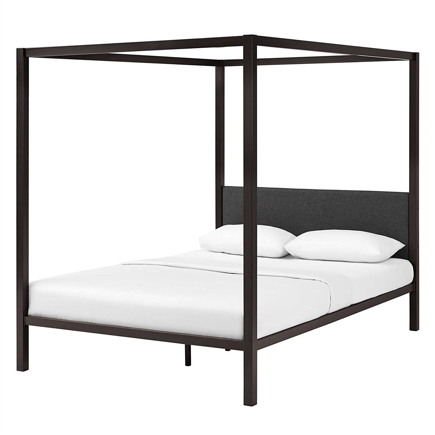 Queen size Brown Metal Canopy Bed Frame with Grey Upholstered Headboard-0