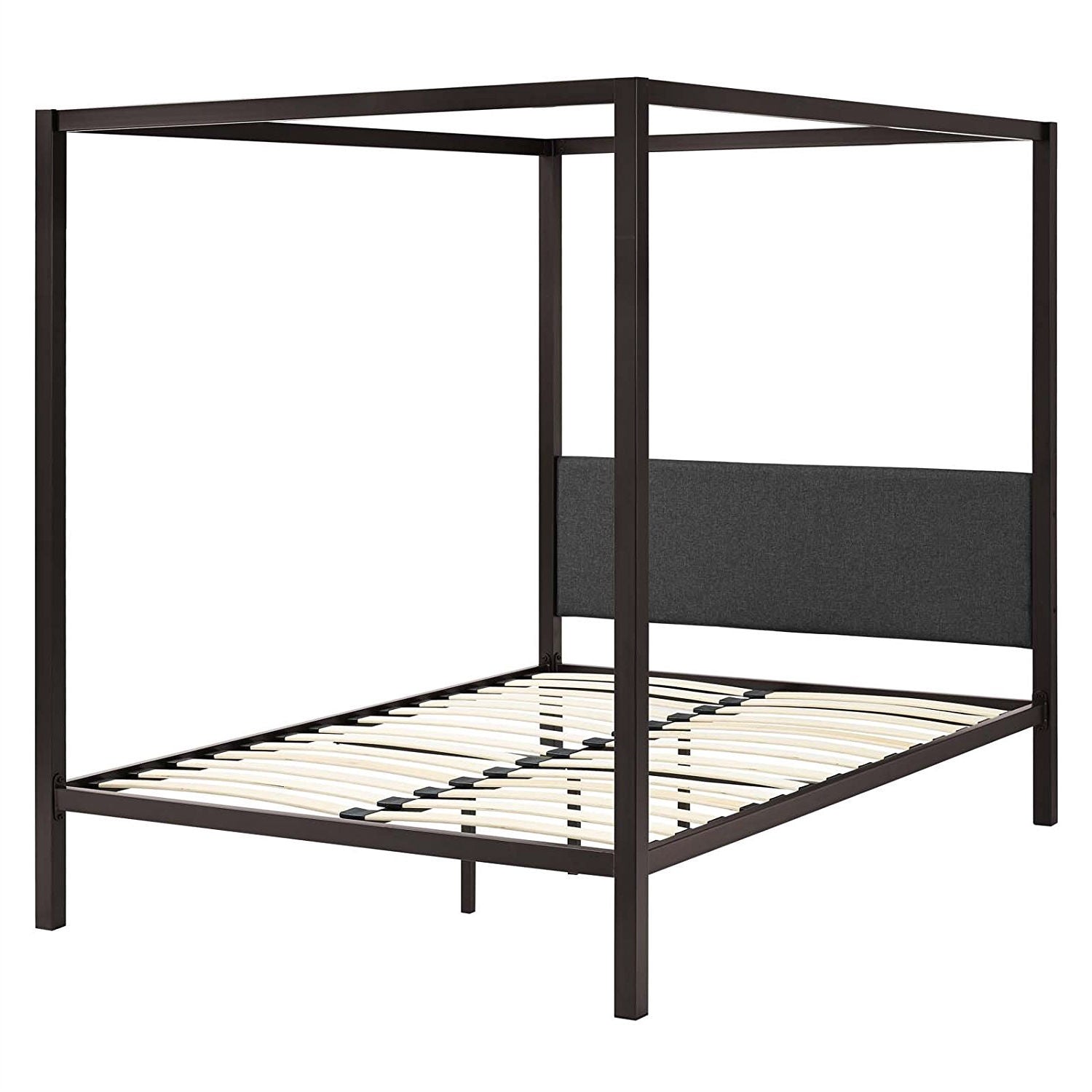 Queen size Brown Metal Canopy Bed Frame with Grey Upholstered Headboard-1