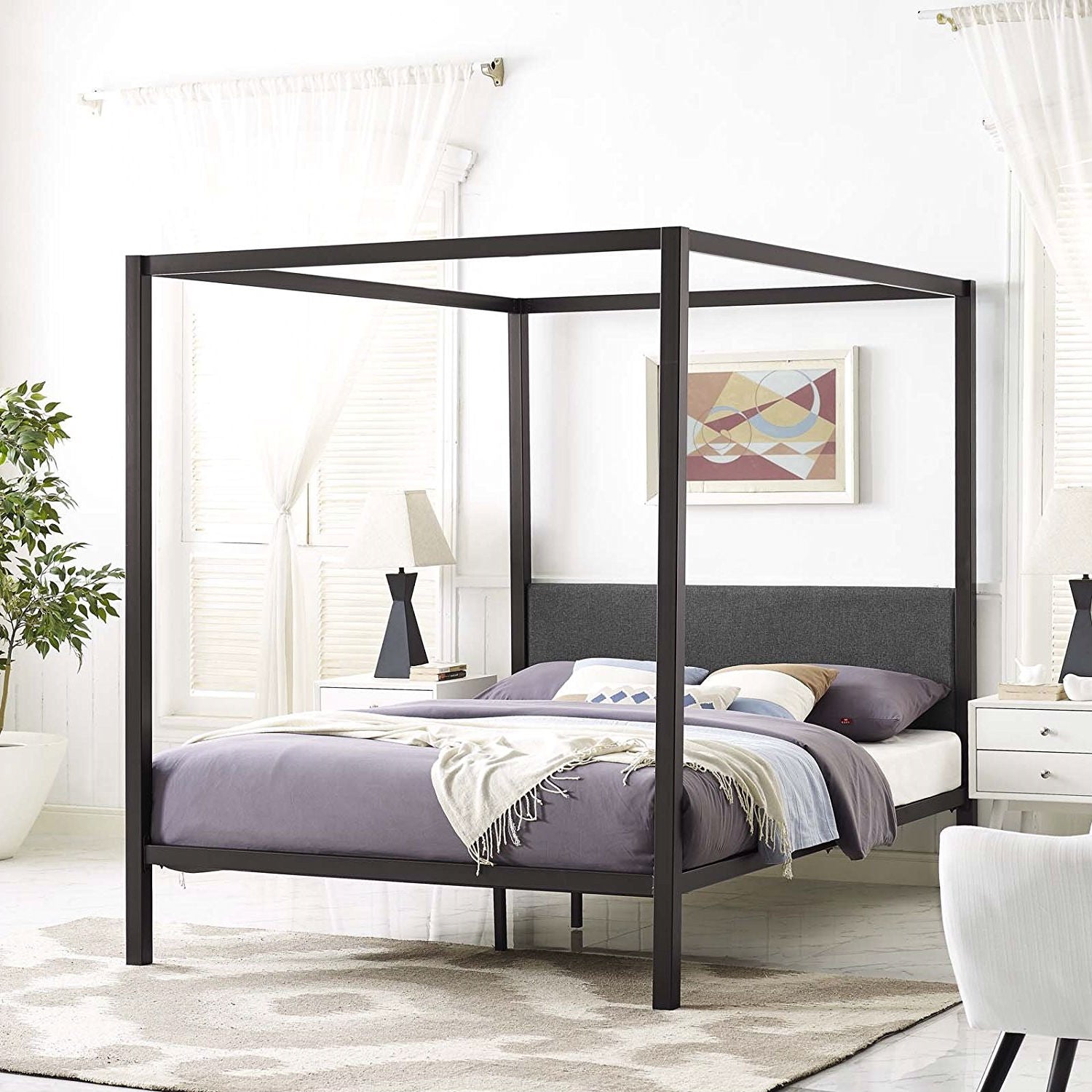 Queen size Brown Metal Canopy Bed Frame with Grey Upholstered Headboard-3