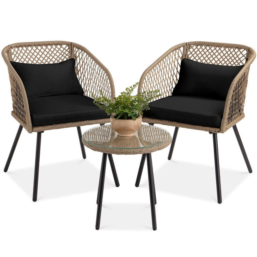 3 Piece Beige/Black Outdoor Weave Wicker Bistro w/ Tempered Glass Side Table Set-0