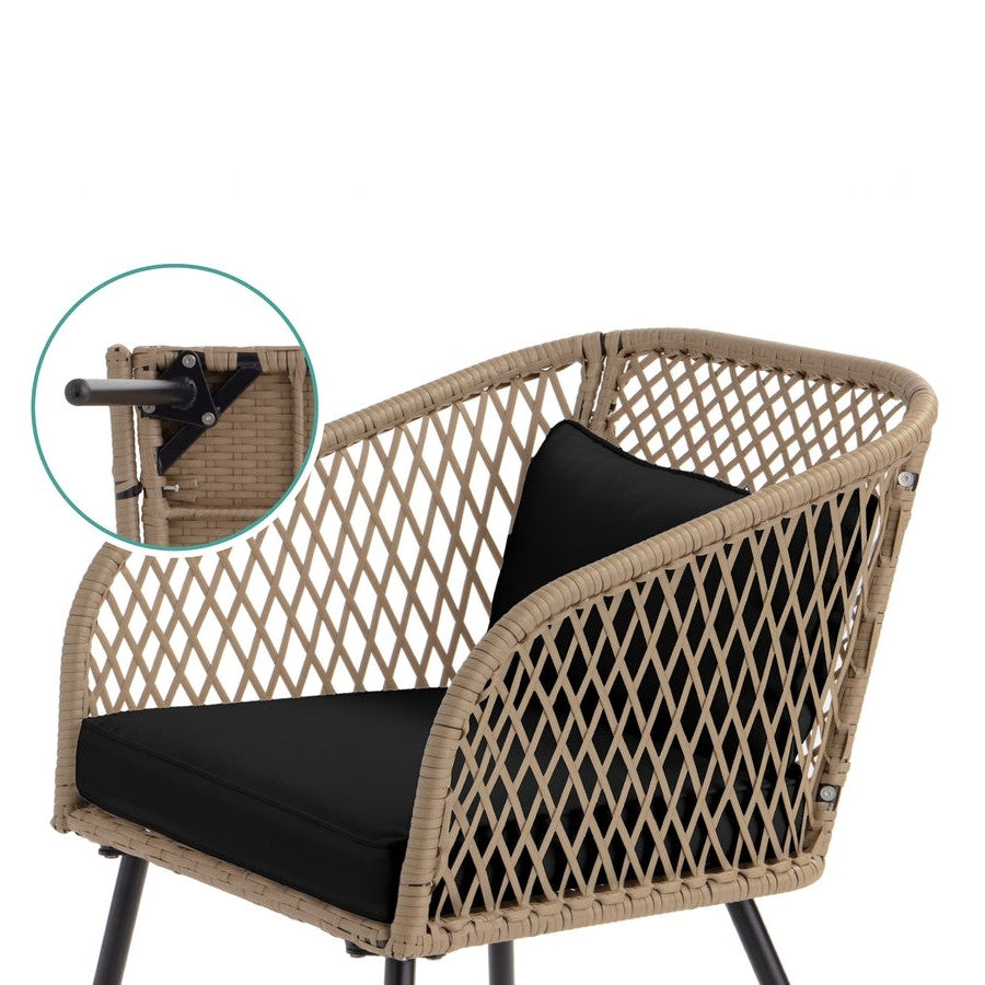 3 Piece Beige/Black Outdoor Weave Wicker Bistro w/ Tempered Glass Side Table Set-2