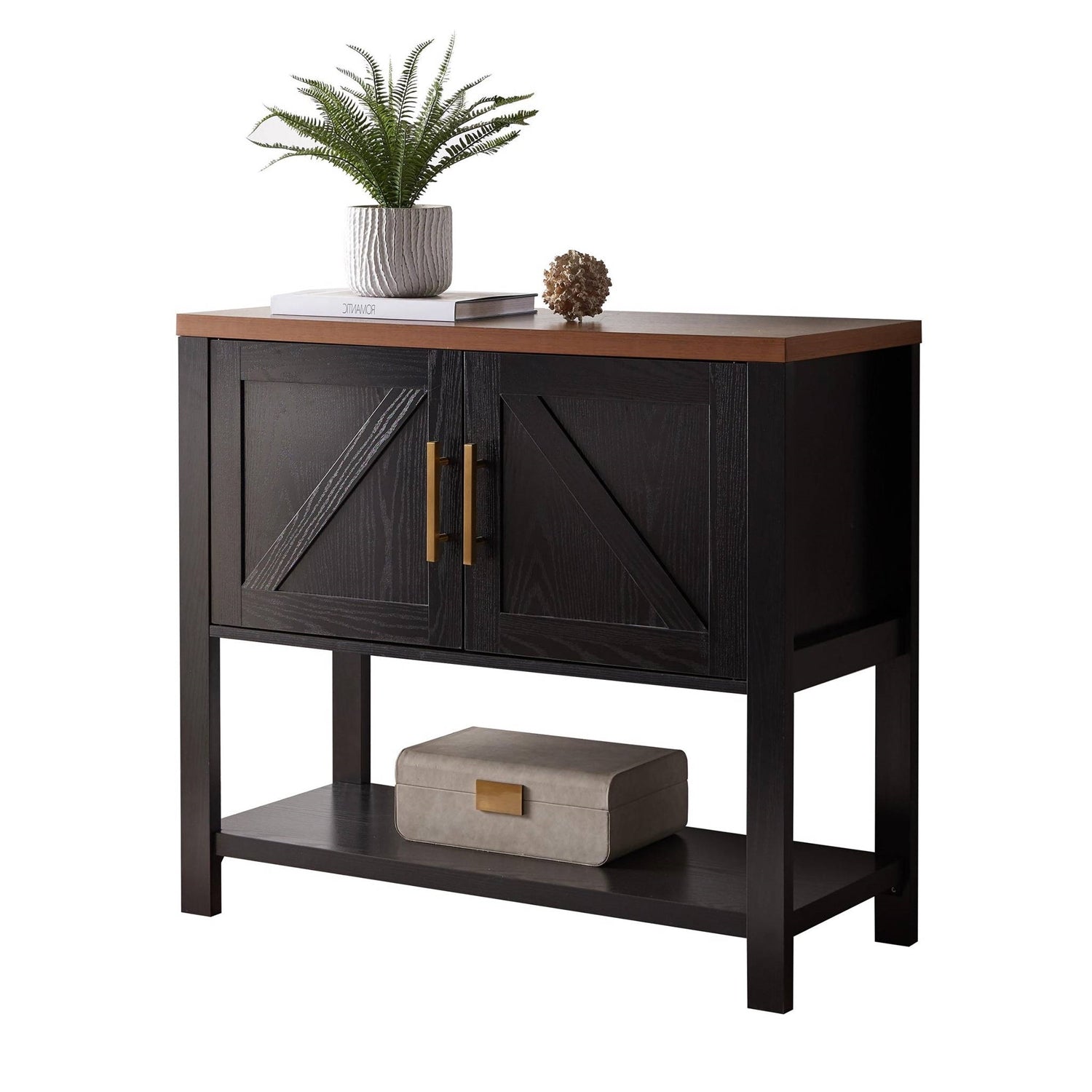 Modern 2 Drawer Wooden Storage Console Table Black/Walnut-0