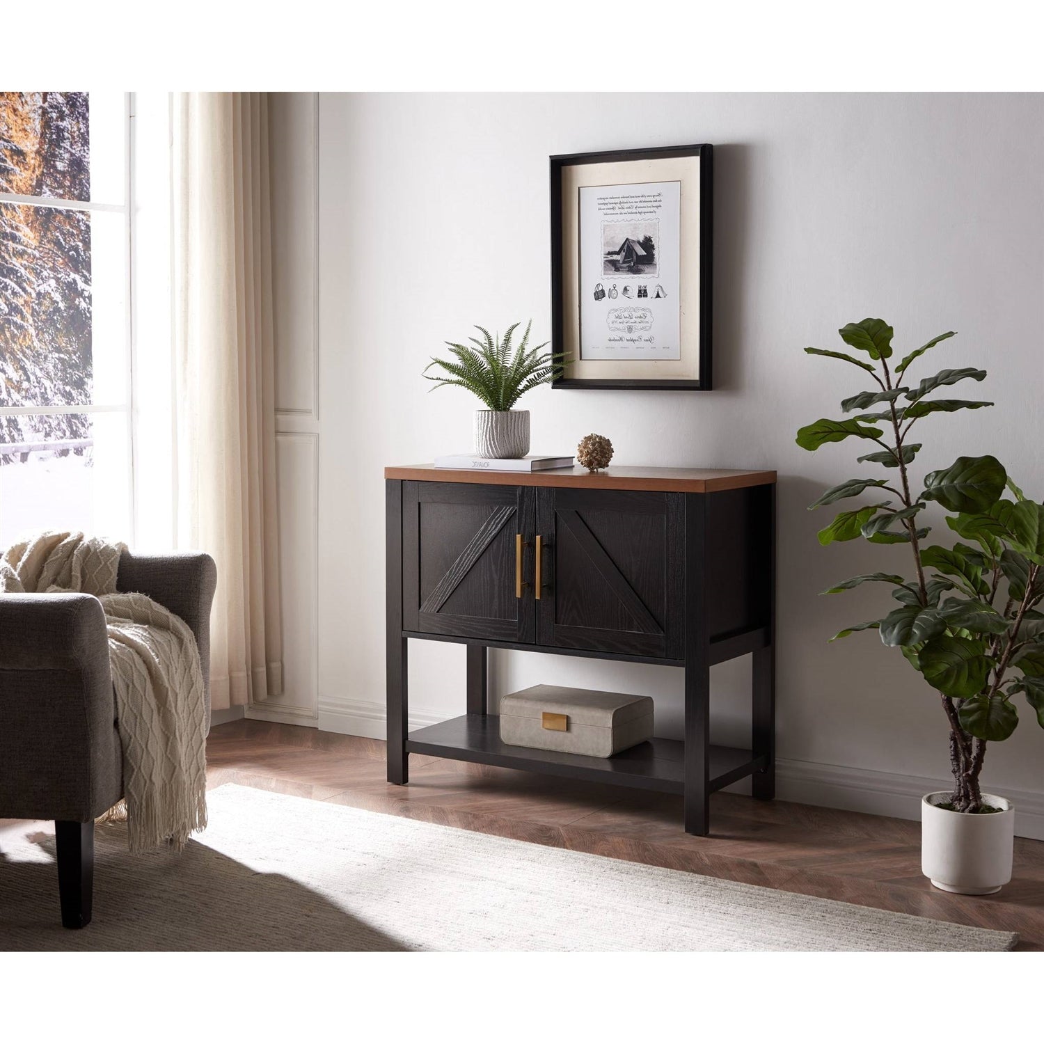 Modern 2 Drawer Wooden Storage Console Table Black/Walnut-3