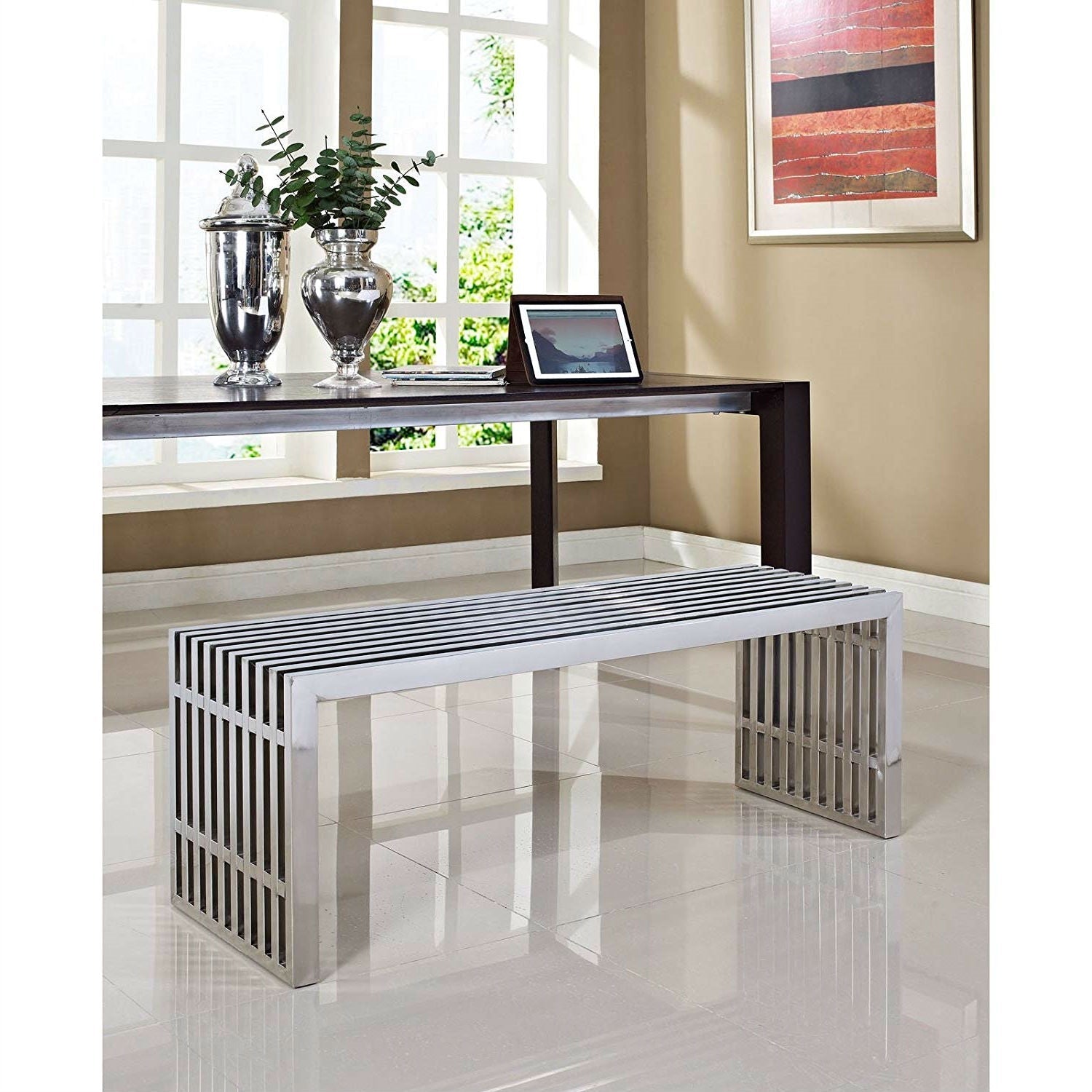 Modern Mid-Century Stainless Steel Accent Bench-2