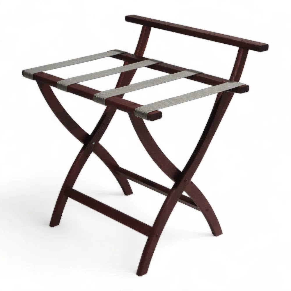 Solid Wood High Back Folding Luggage Rack with Grey Straps in Dark Brown Finish-0