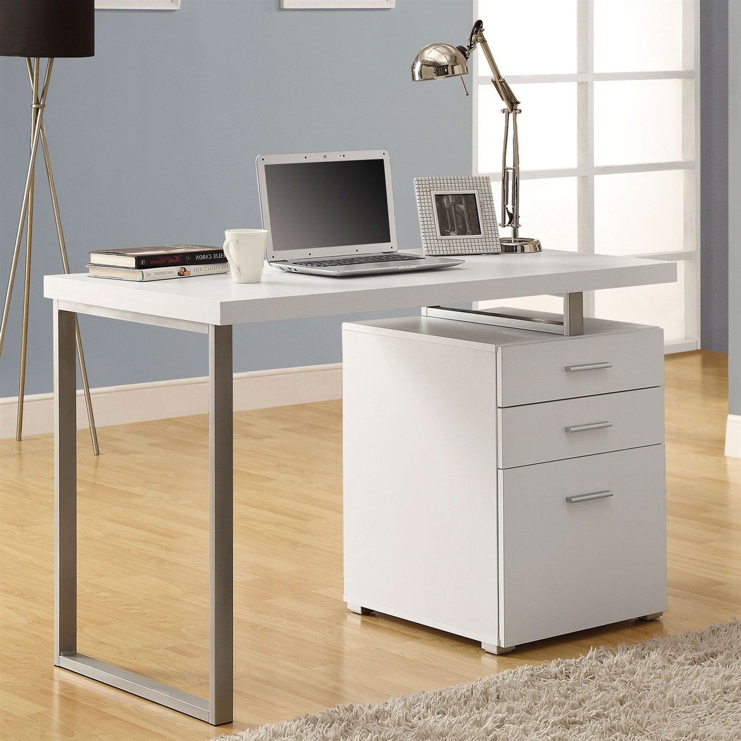 Left or Right Facing Modern Office Desk in White Finish with File Drawers-0