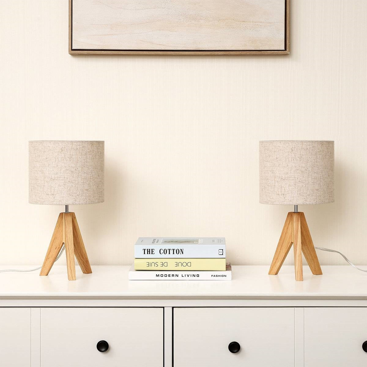Set of 2 - Solid Wood Tripod Table Lamp with Beige Linen Drum Shade