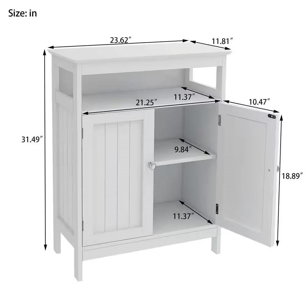 2-Door Bathroom Linen Cabinet with Storage Shelf in White Wood Finish-4