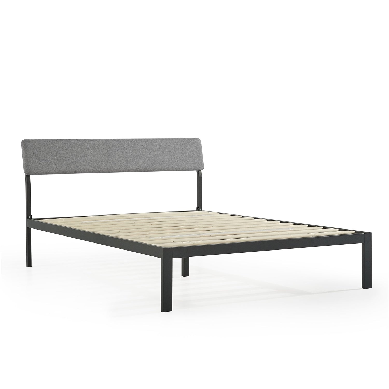 King Size Grey Soft Fabric Metal Headboard Platform Bed Wooden Slats-2