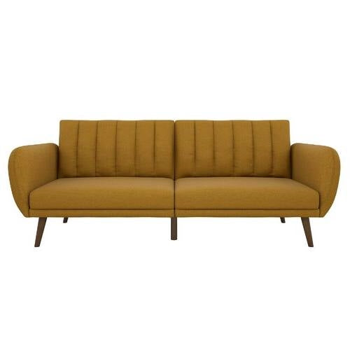 Mustard Linen Upholstered Futon Sofa Bed with Mid-Century Style Wooden Legs-0