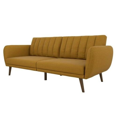 Mustard Linen Upholstered Futon Sofa Bed with Mid-Century Style Wooden Legs-1