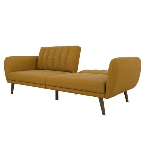 Mustard Linen Upholstered Futon Sofa Bed with Mid-Century Style Wooden Legs-2