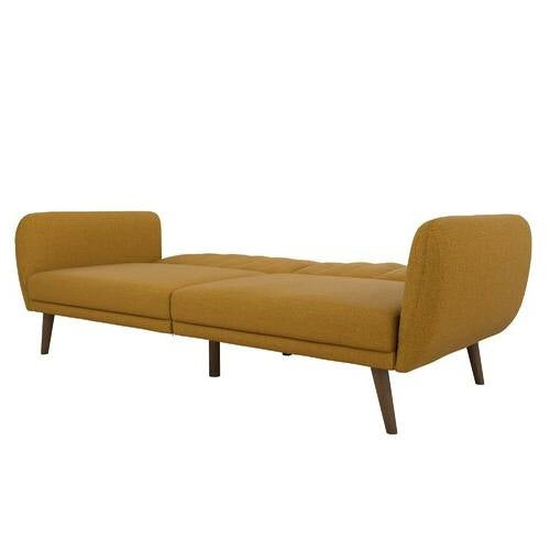 Mustard Linen Upholstered Futon Sofa Bed with Mid-Century Style Wooden Legs-3