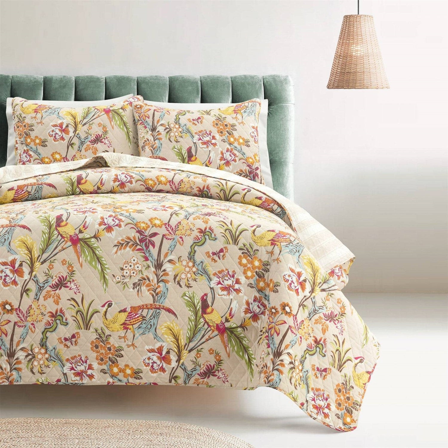 King size 3 Piece Peacock Birds Floral Lightweight Polyester Quilt Set Tan-0