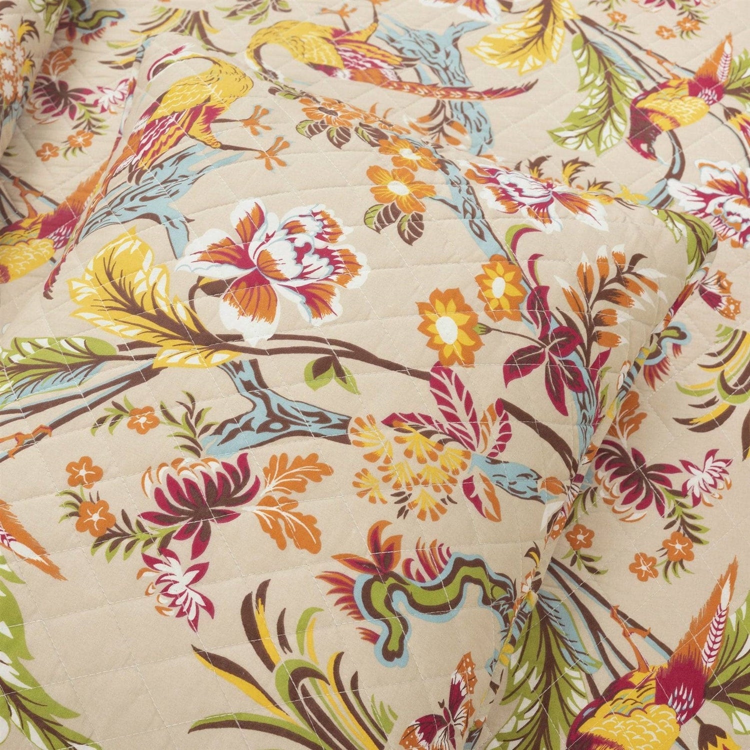 King size 3 Piece Peacock Birds Floral Lightweight Polyester Quilt Set Tan-1