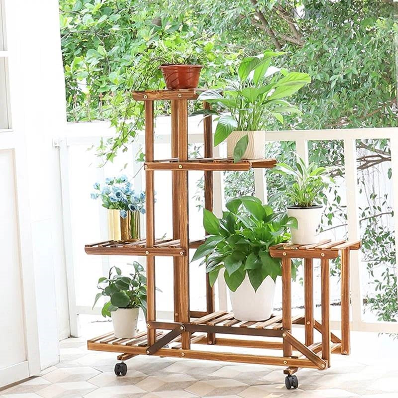 6-Shelf Portable Wooden Flower Pot Plant Stand with Locking Wheels-0