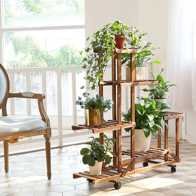 6-Shelf Portable Wooden Flower Pot Plant Stand with Locking Wheels-3