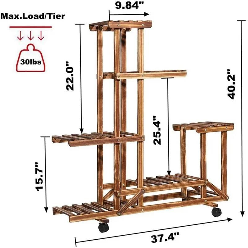 6-Shelf Portable Wooden Flower Pot Plant Stand with Locking Wheels-4