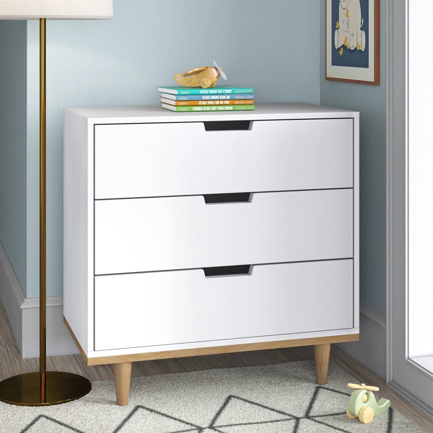 Modern Mid-Century Style 3-Drawer Dresser Chest in White Natural Wood Finish-0