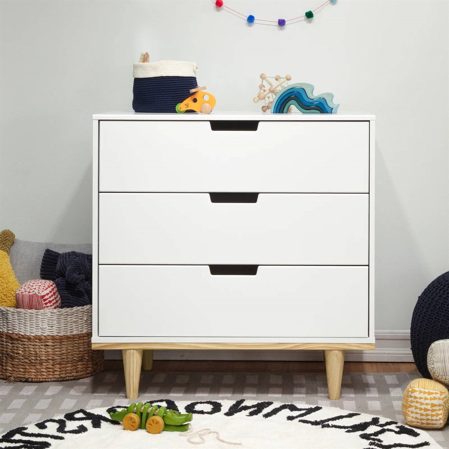 Modern Mid-Century Style 3-Drawer Dresser Chest in White Natural Wood Finish-1