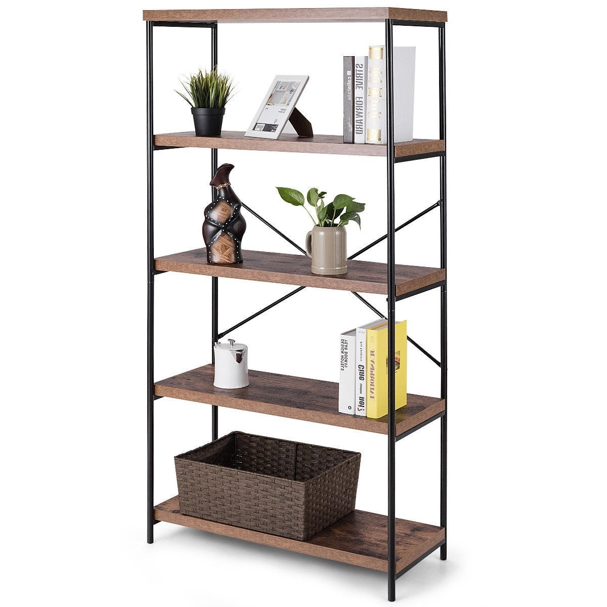 Industrial Metal Wood 5-Tier Bookcase Storage Rack Book Shelf-0