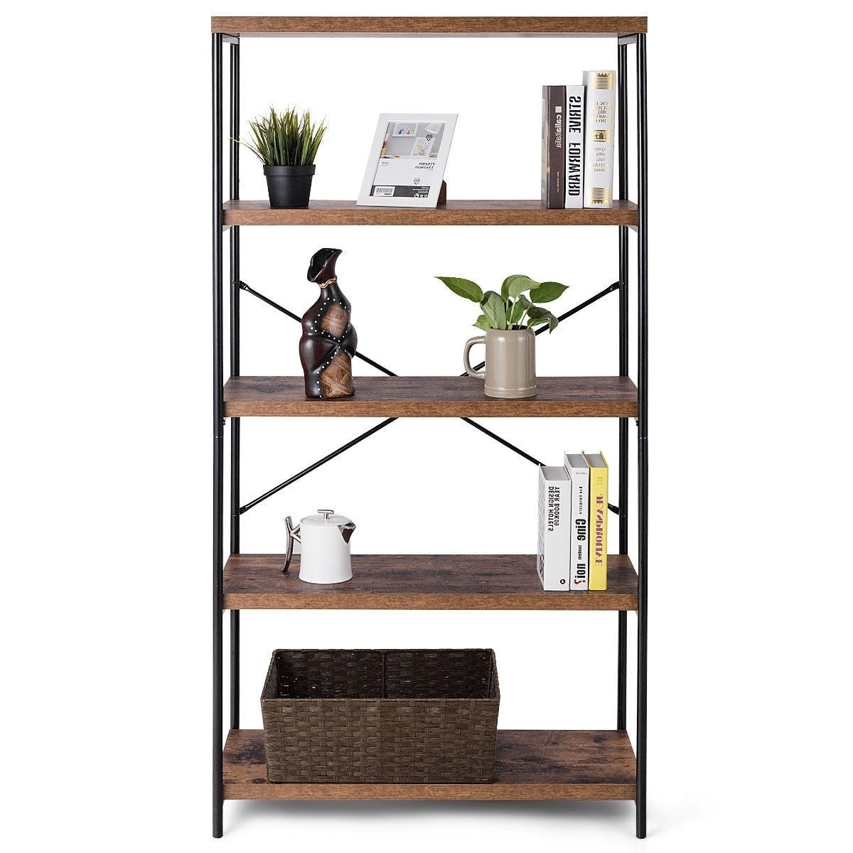 Industrial Metal Wood 5-Tier Bookcase Storage Rack Book Shelf-1