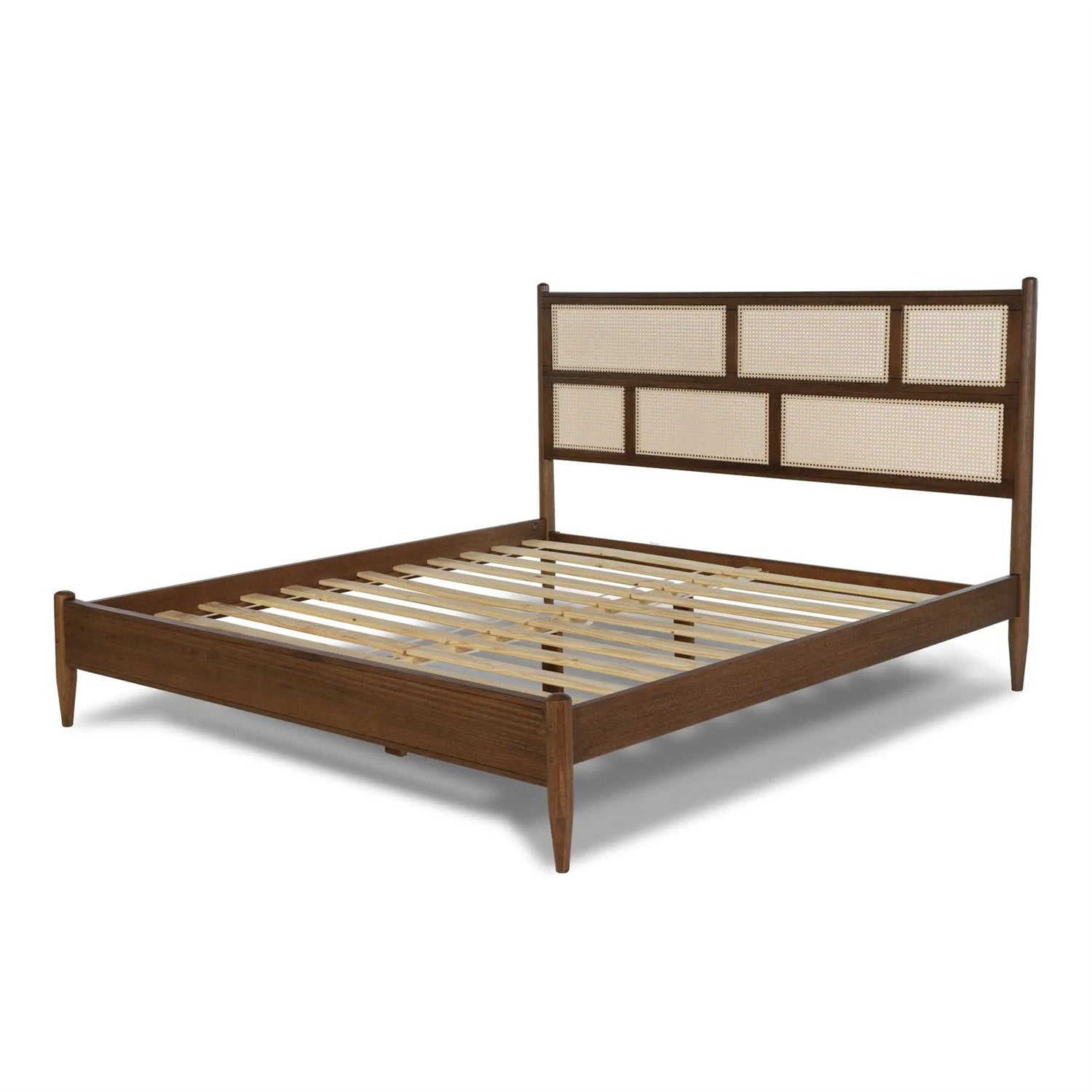 Queen Size Hardwood Platform Bed Frame with Cane Paneling Headboard in Walnut-0