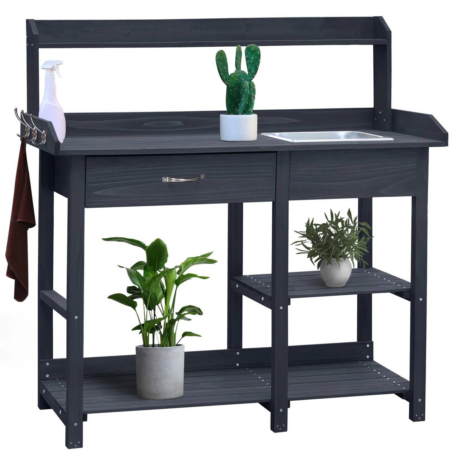 Grey Wood Outdoor Garden Potting Bench Storage Shelf with Removeable Sink-0