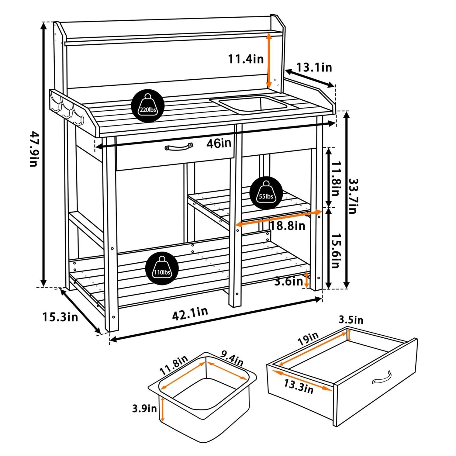 Grey Wood Outdoor Garden Potting Bench Storage Shelf with Removeable Sink-3