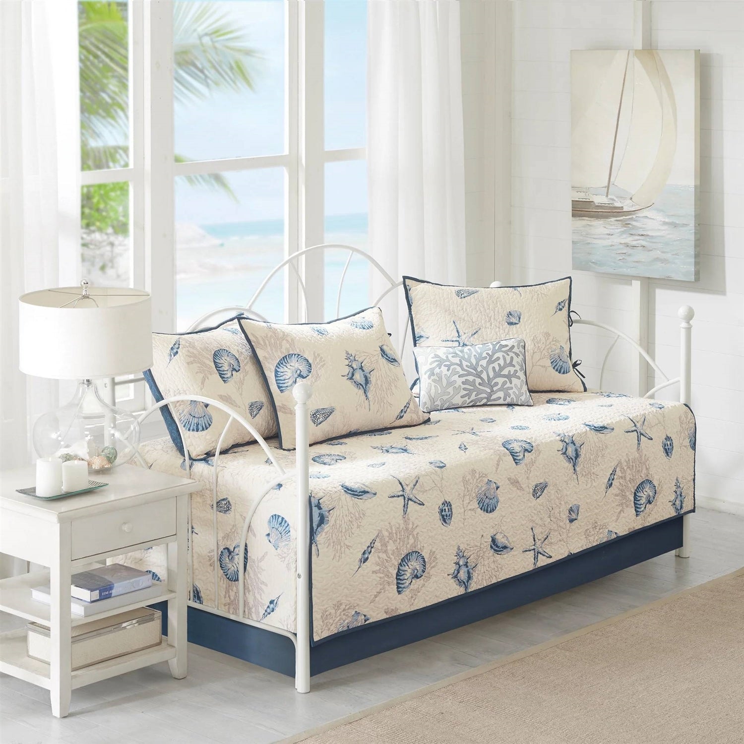 6-Piece Nautical Sea Shells Coral Blue Beige Reversible Daybed Cover Bedding Set-0