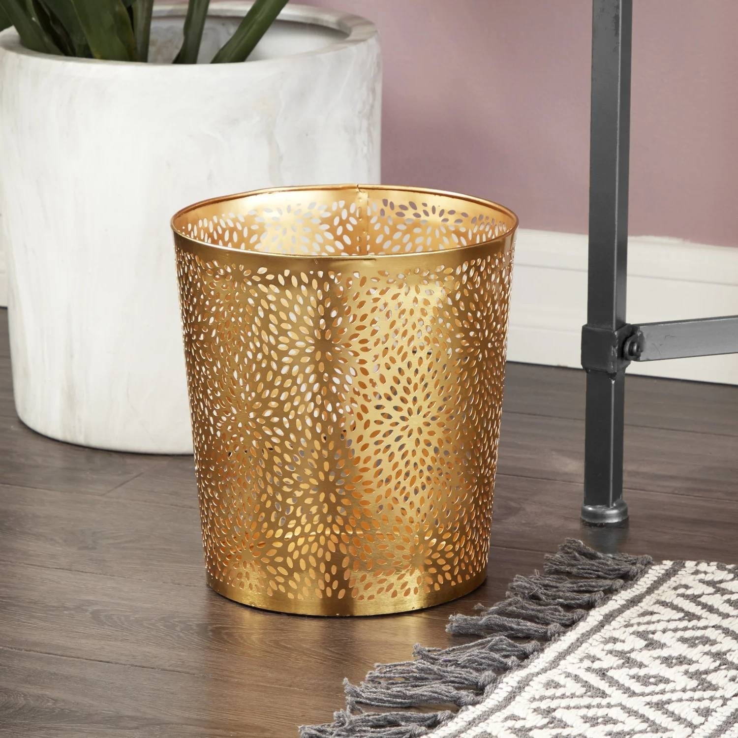 1.3 Gallon Round Perforated Copper Gold Metal Waste Basket Trash Can-1